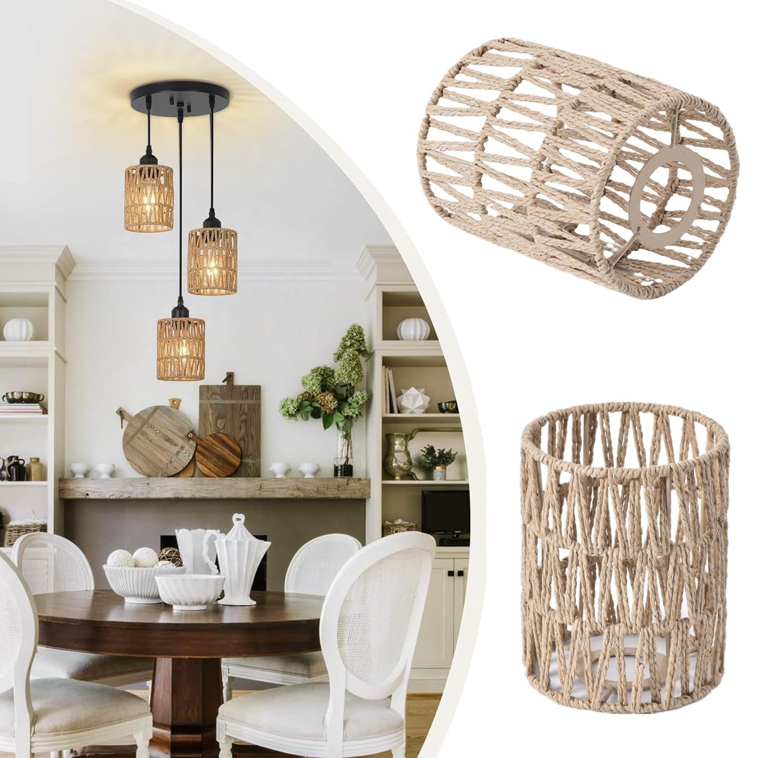 2 Paralumi In Rattan Intrecciato A Mano, Stile Boho, Per Lampade A Sospensione O Tavolo, Con Anello Riduttore E27/E14 (Diam. 12 Cm)