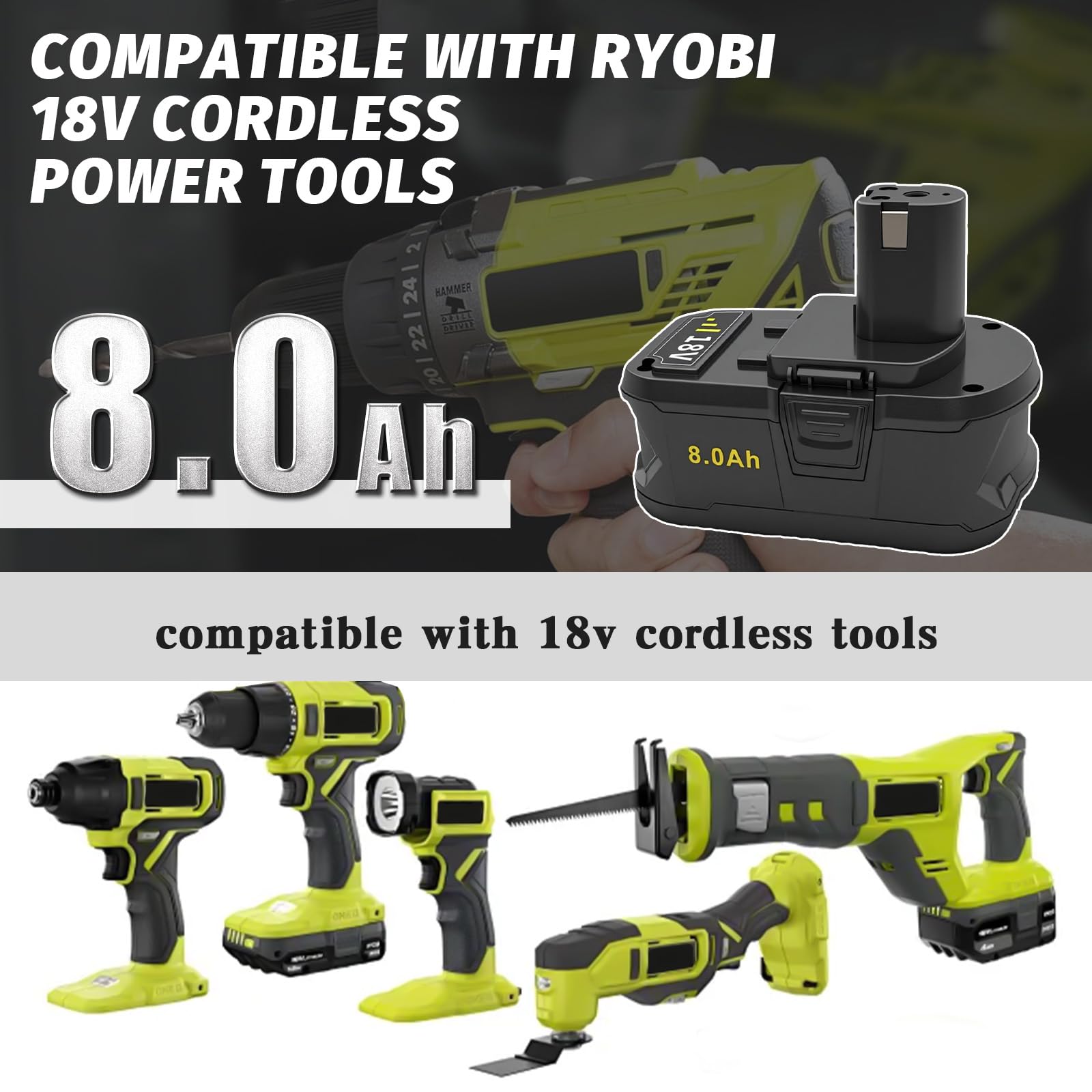 1 batteria di ricambio da 8,0 Ah per batteria da 18 V, batteria agli ioni di litio ad alta capacità con indicatore LED, compatibile con gli strumenti di alimentazione ONE+ 18 V, con protezione da