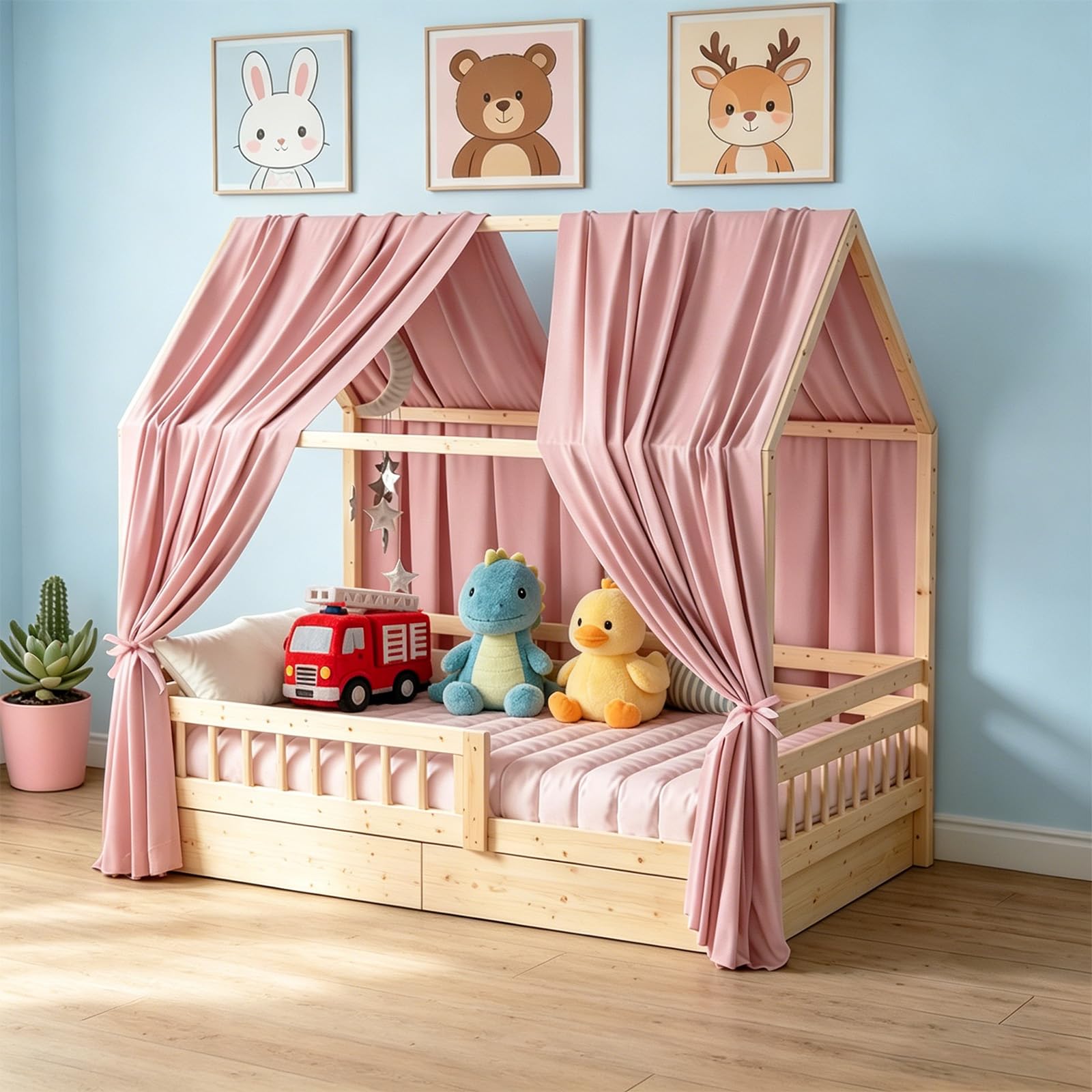 Ciel de Lit Cabane avec 2 Pièces Rideaux Lit-Cabane Enfant, Rideau Lit Cabane, Baldaquin Style Cottage, Baldaquin Ciel en Tissu de Maison Chambre pour Fille Garçon 67 x 270 cm (Rose)