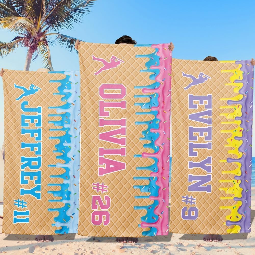 Loosusu Personalised Beach Towels for Kids,Custom Ice Cream Drip Baseball Beach Towel with Name,Quick Dry Swim/Pool Towel for Spring Break & Summer,Team Gift,Youth Baseball Gift for Boys(16 Colors)