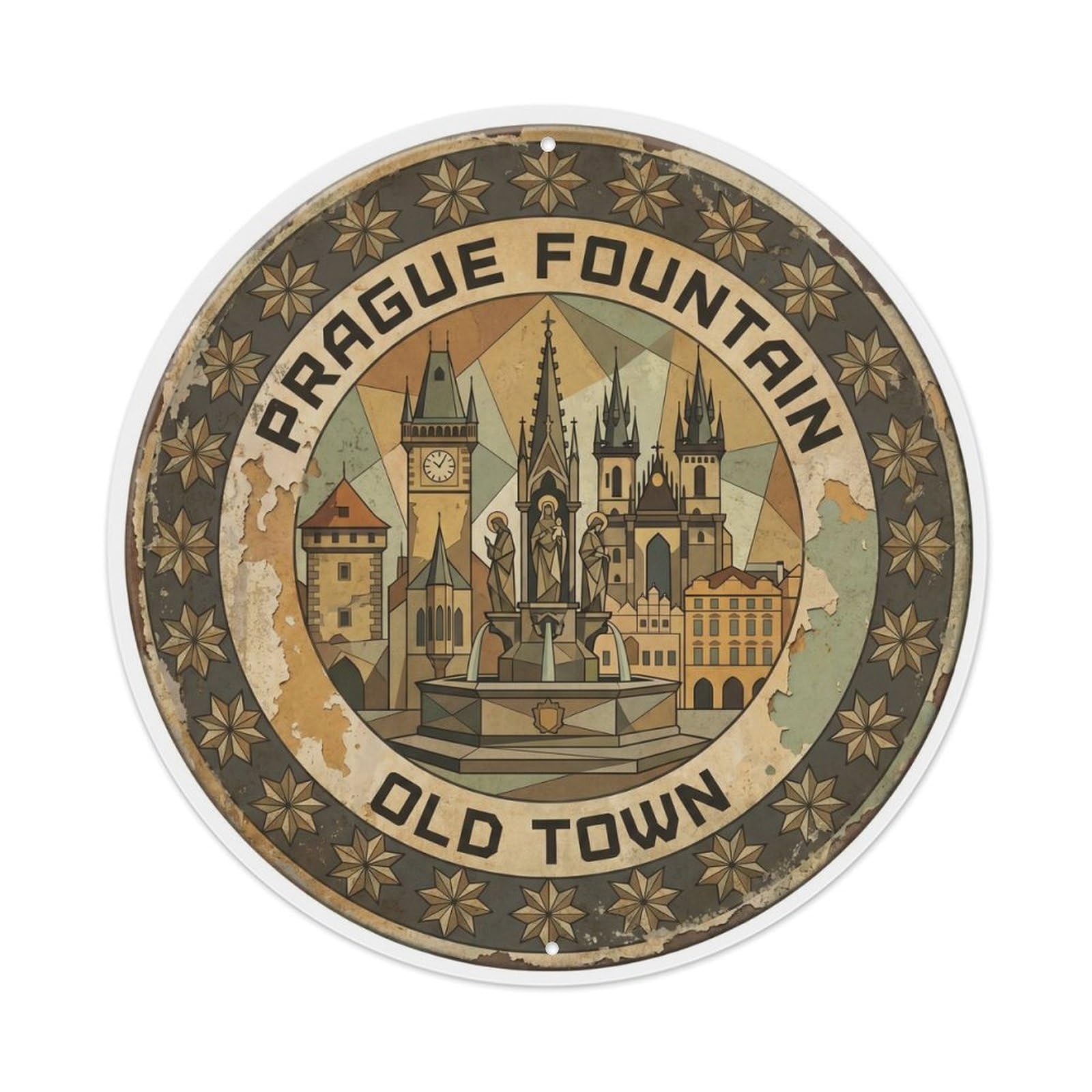 Vintage Travel Prague Fountain Old Town Metal Tin Sign