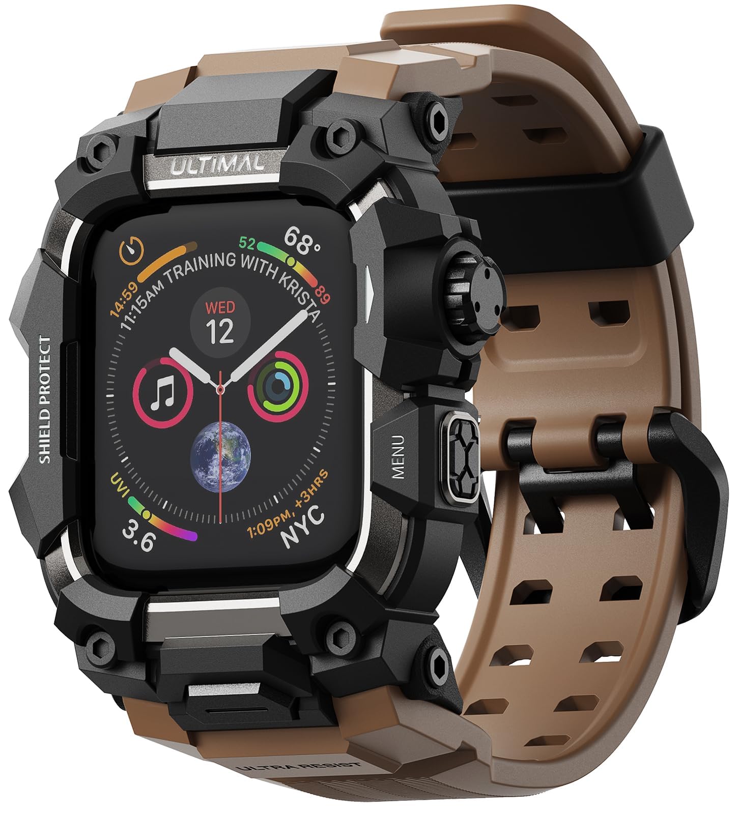 ULTIMAL Rugged Case with Band for Apple Watch 44mm,Compatible with Apple Watch Series SE 3/SE 2/SE Generation/6/5/4, Military Grade Shockproof Bumper Cover for iWatch Tactical Band Men (Coffee Brown, 44mm)