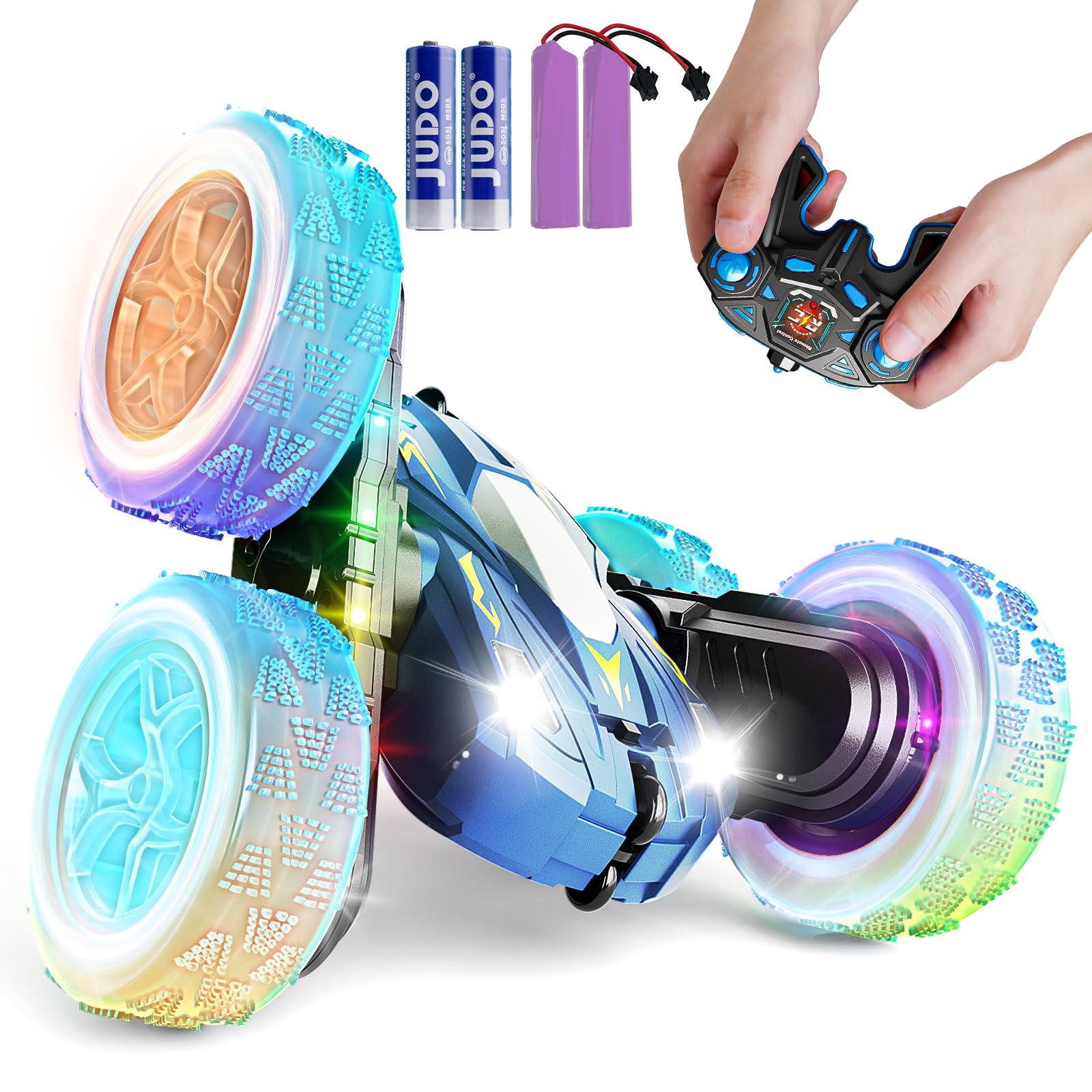 28℃ Remote Control Car,RC Cars with Sides Light Strip and Headlights,Double Sided 360 Flips Rotating RC Stunt Car,2.4Ghz All Terrain Toys for Ages 5-7 Kids Toy for Boys Girls, Blue