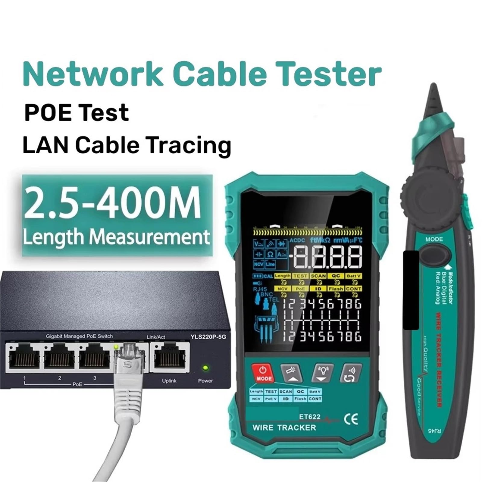 Traqueur de Câble, Testeur de câbles réseau ET622/623, test POE, détection points d'arrêt sertissage, suivi LAN, mesure longueur câble 400 m