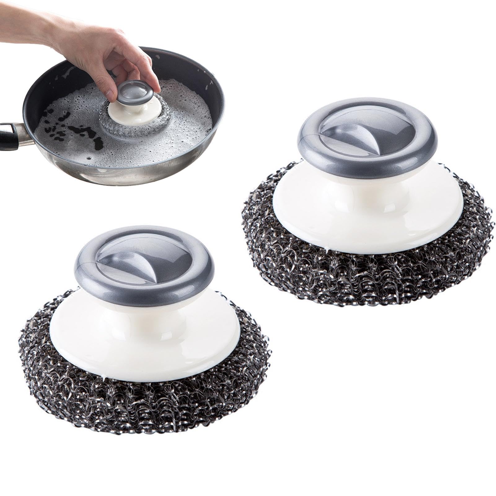 Garzenth 2pcs Stainless Steel Wool Scrubber with Handle, Heavy Duty Dish Scrubber Scourer Pot Scrubbers Scrubbing Brushes for Pots, Pans, Grills, Dishes(size:2pcs)