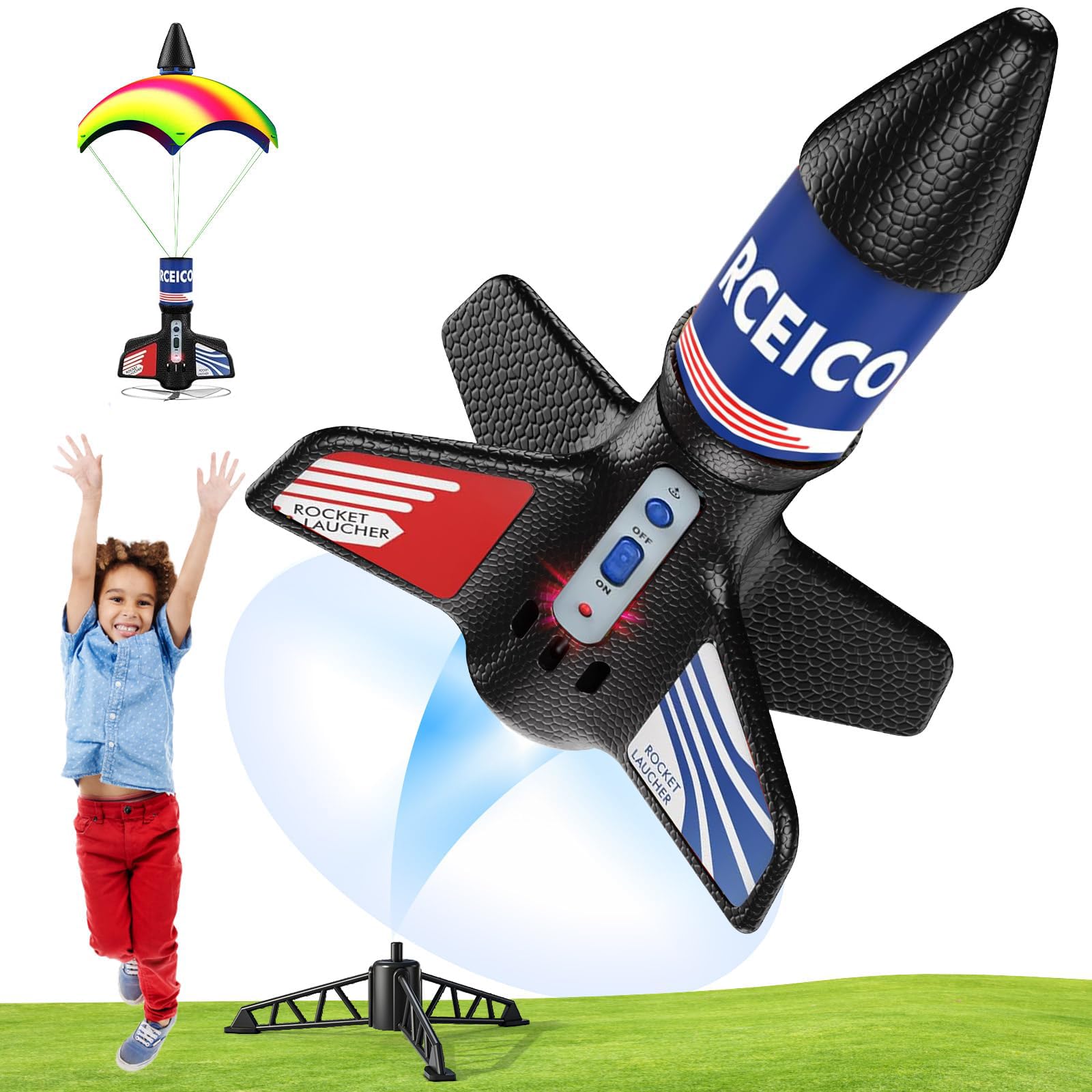 Raketen Spielzeug für Kinder mit Fallschirm, LED-Licht, bis 200 Fuß | Wiederaufladbar, Selbststartend, Fallschirm, LED-Licht, bis 200 Fuß Flughöhe, Outdoor-Spielzeug für Kinder von 6–14 Blue
