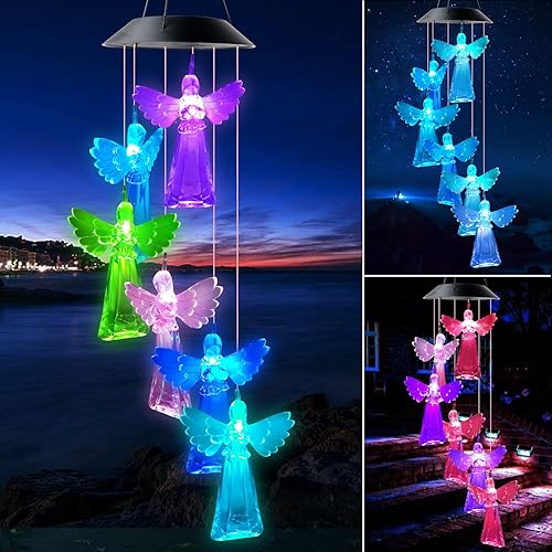 Regalos para mujeres, campanillas de viento solares de ángel (7 colores cambiantes), regalos de ángel para