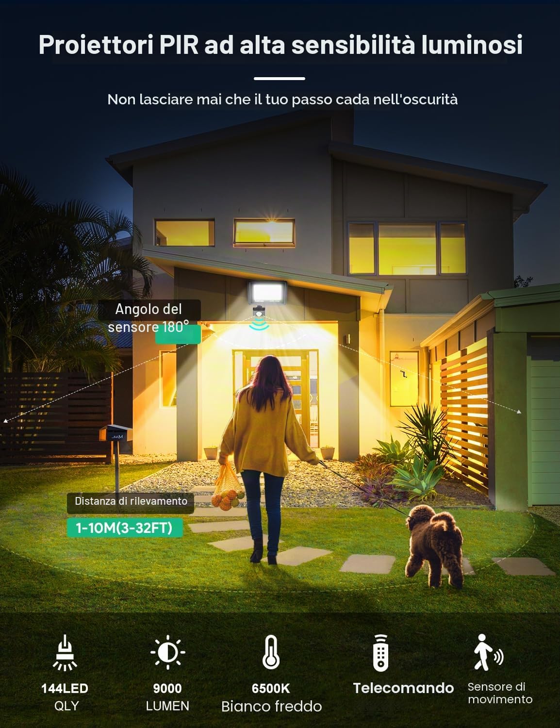 Tailcas Faretto LED da Esterno con Sensore di Movimento 100W, IP66 Impermeabile Faretti LED da Esterno con Telecomando, 9000LM Luci Faretto LED Interno ed Esterno per Giardino, Cortile, Garage