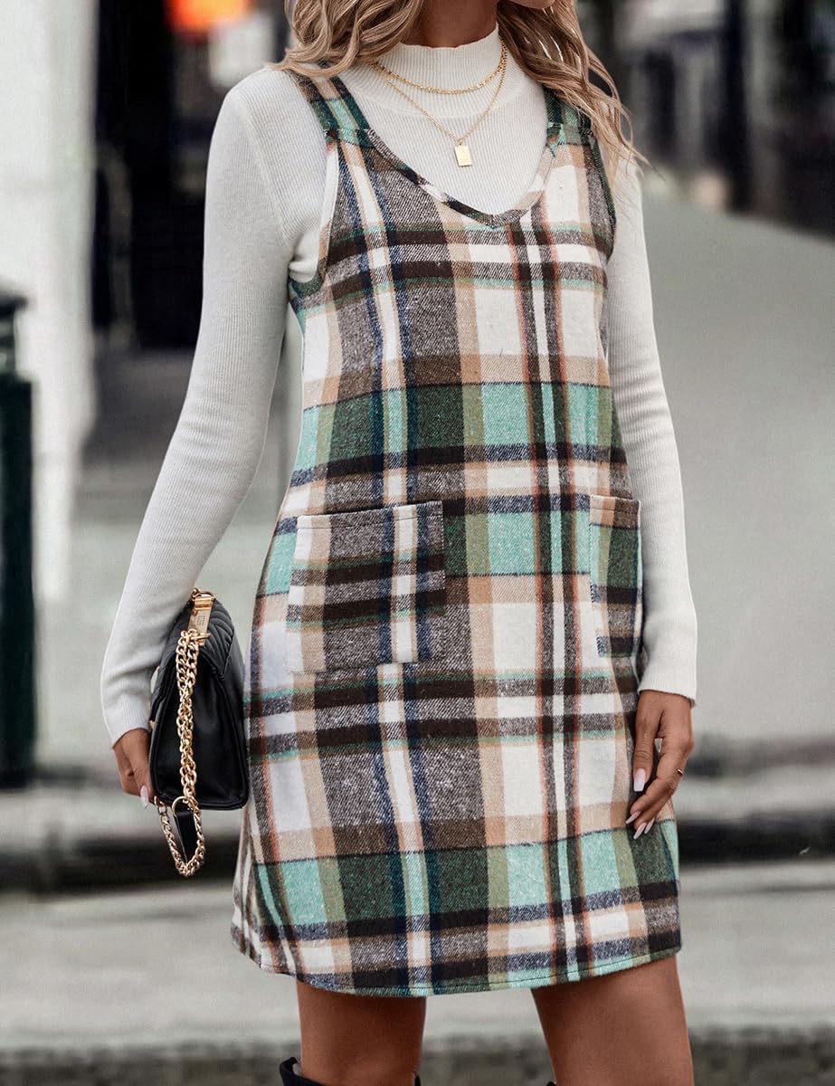 IDEALSANXUN Plaid Overall Dress for Women Fall Winter Sleeveless Plaid Dresses with Pockets - Image 5