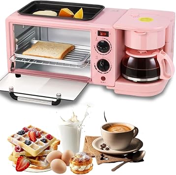 3-in-1 Breakfast Station, Electric Multifunctional Breakfast Machine with 1.2L Cooking Pot, 9L Large Capacity Baking Area,Pink