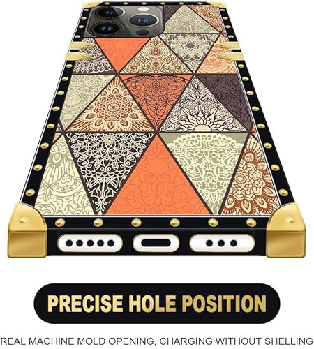 Miniatura 3 de Funda cuadrada compatible con iPhone 14 Pro Max (6.7 pulgadas), diseño retro de mandala dorado, de lujo, suave TPU duro, parte trasera de