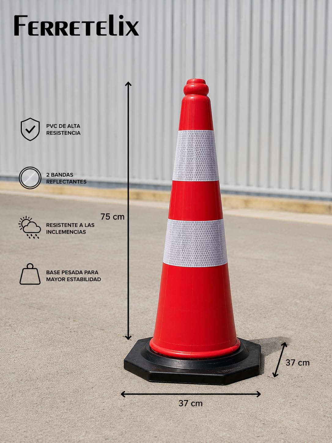 FERRETELIX® Cono de Señalización con Base de Goma 75 cm – 2 Reflectantes Base 38x38 cm – Peso 2,75 kg – Fabricado con Material Reciclado