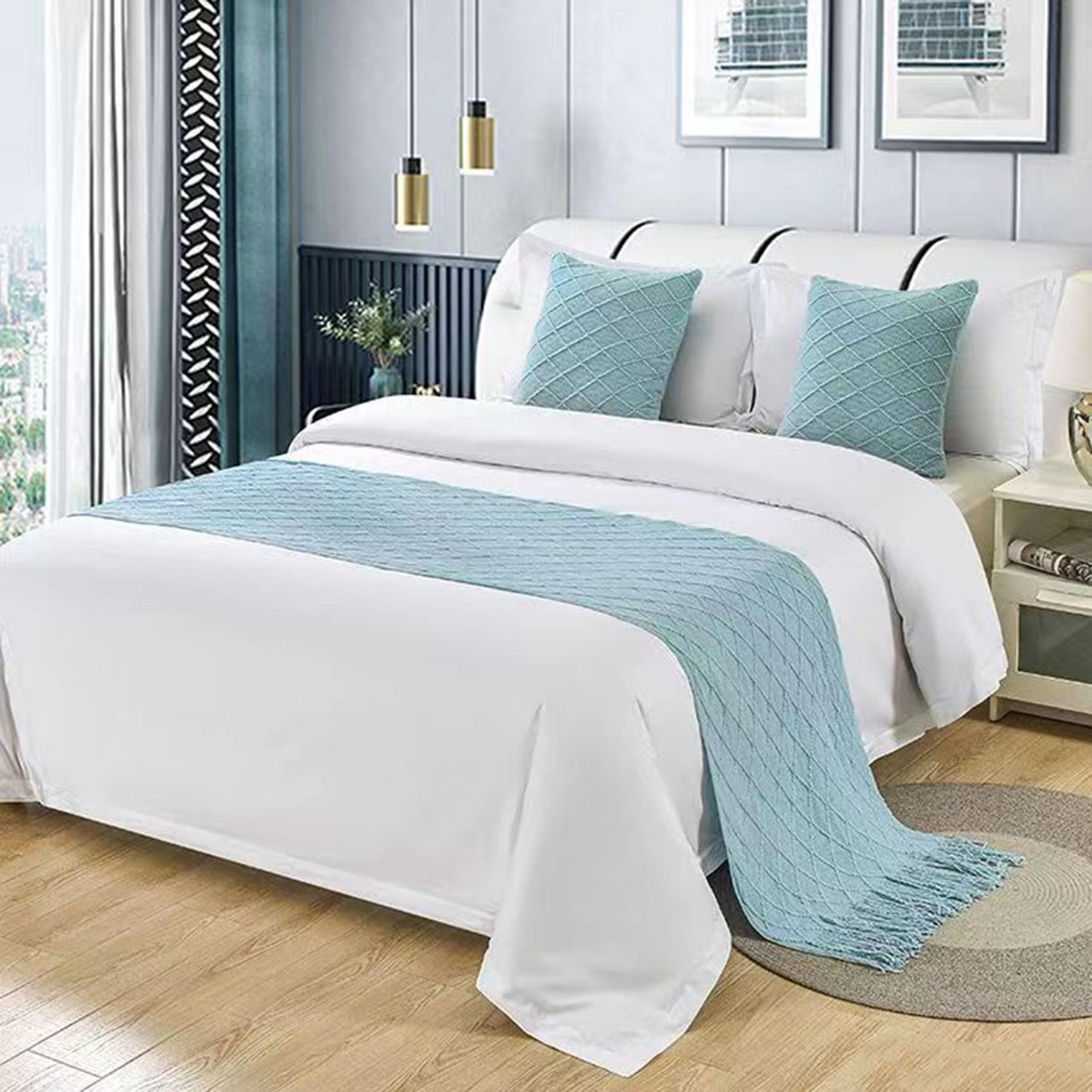 SXLXYOF Knitted Bed Runners Matching Cushions for King Size with Tassels Boho Woven Bed Scarves Throw Blanket No Fading Soft Bed Scarf Towel Bedding Bedspread,T-2*Pillowcase