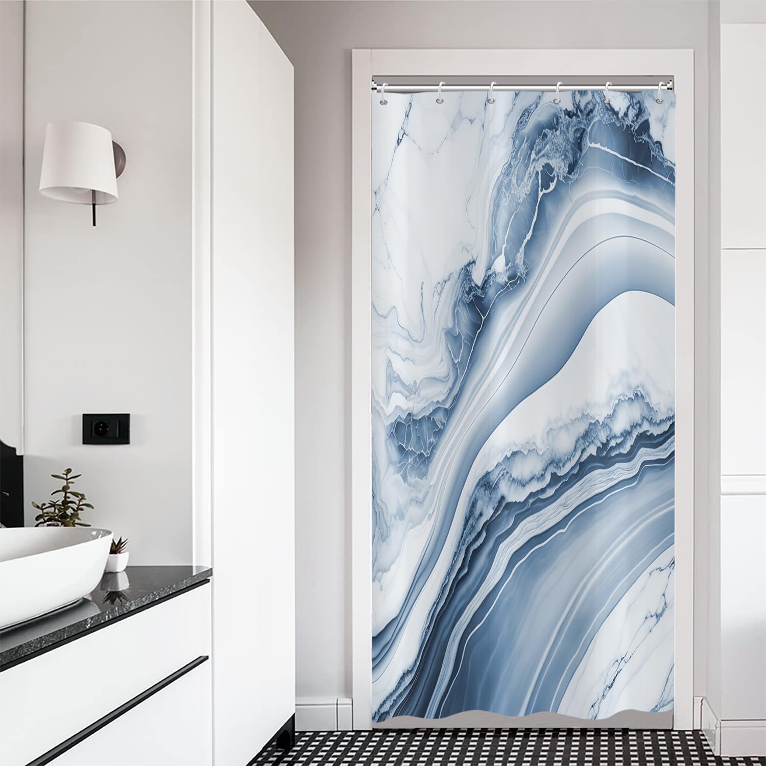 ASDCXZ Shower Curtain White Blue Marble 90x180 cm, Modern Abstract White Blue Marble Optic Texture Washable Bath Shower Curtains Polyester Textile Waterproof Shower Curtain for Bathtub with 6 Hooks
