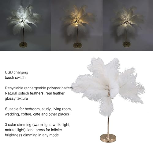 Miniatura 5 de ASHATA Lámpara de pluma con interruptor táctil lámpara de mesa de plumas interruptor táctil lámpara de plumas de avestruz USB lámpara de escritorio