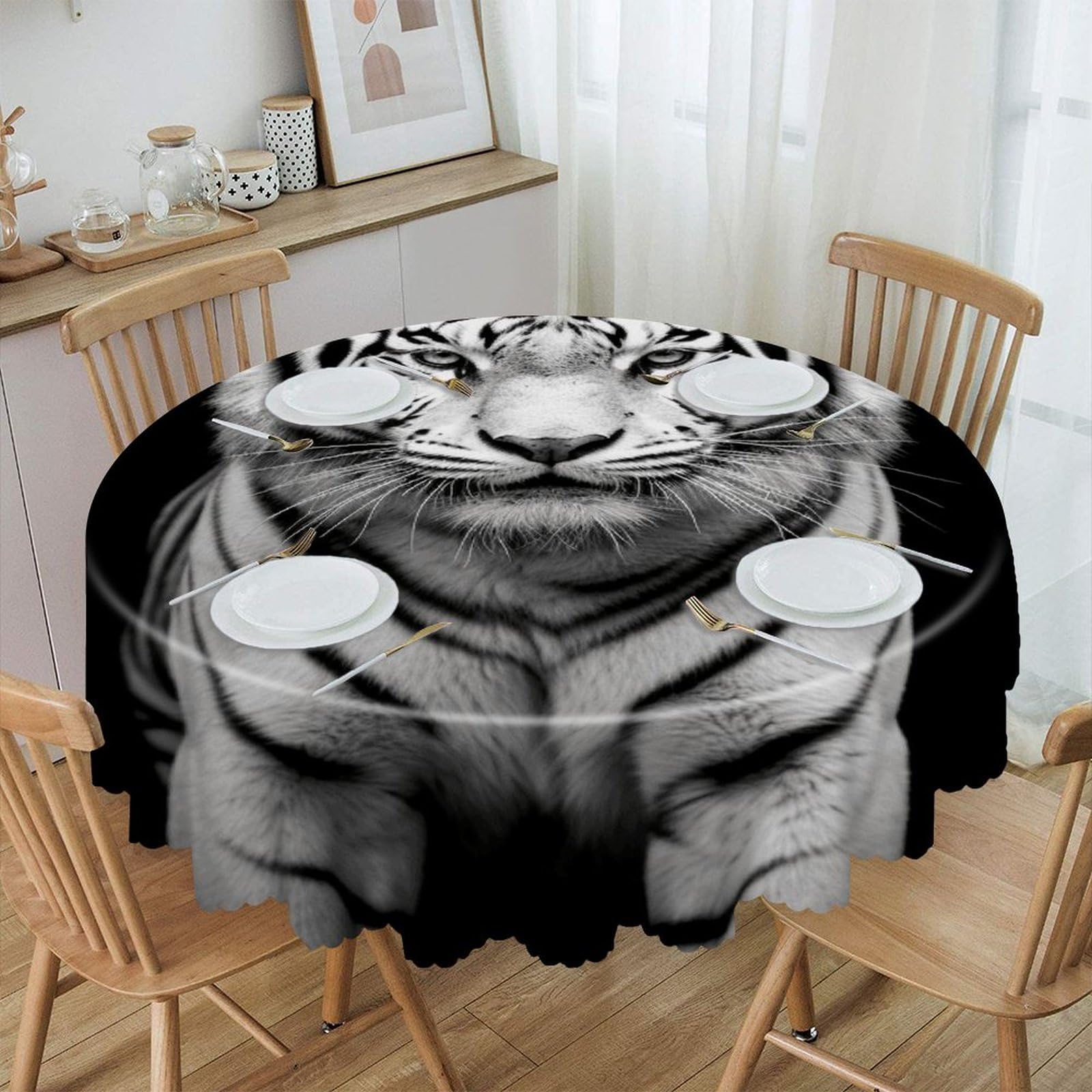 VstaDank Black and White Tiger Round Tablecloth Premium Polyester Table Cloth Heavy Duty Washable Fabric Tablecloth Waterproof Holiday Table Cover Decorative Tablecloths for Dining 60"