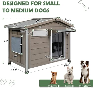 30''L Dog House Outdoor Indoor, Wooden Dog Houses with Waterproof Roof, Door Curtain, Anti-Chewing Frame, Elevated Doghouse Shelter Bed Kennel with Window, Removable Floor