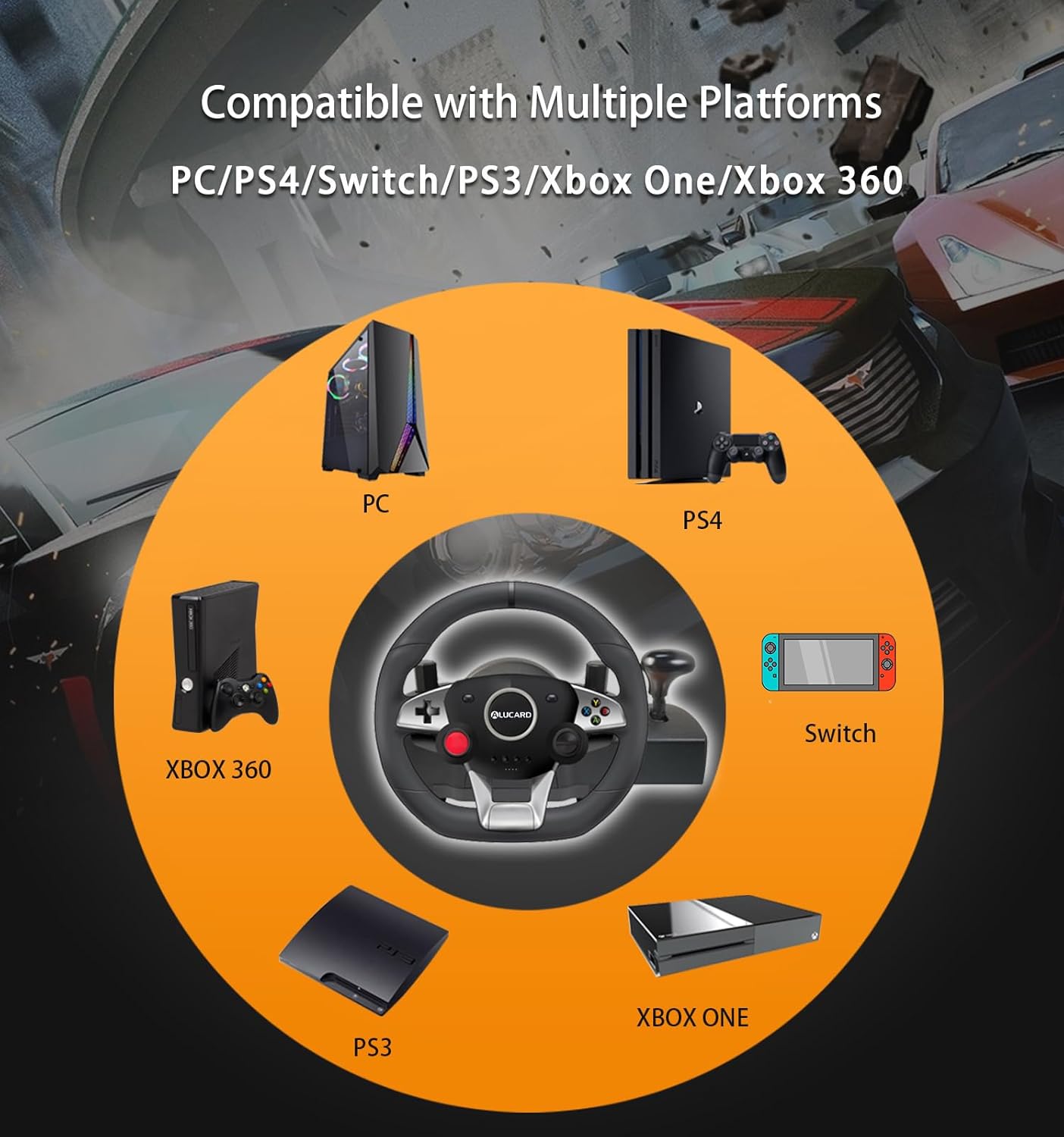 VooFun Racing Wheel compatibility with PC, PS4, Switch, PS3, Xbox One, Xbox 360