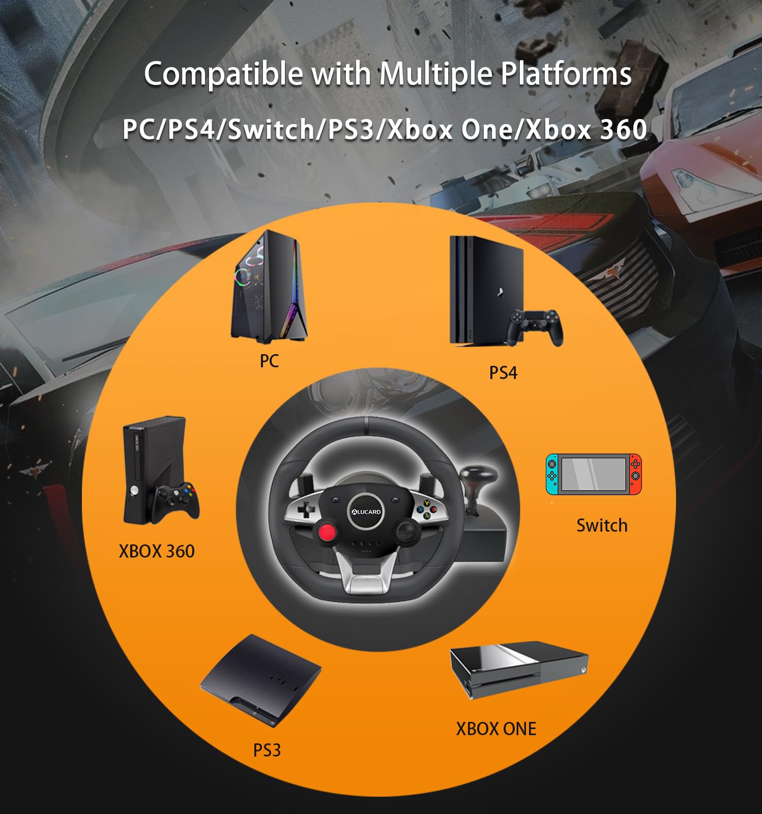 VooFun Volante PC con Pedali, Volante Gaming a 270° Compatibile con PC/ PS4/ Switch/ PS3/ Xbox One/Xbox 360, Racing Wheel con Pulsanti Programmabili, Feedback con Vibrazione, Nero