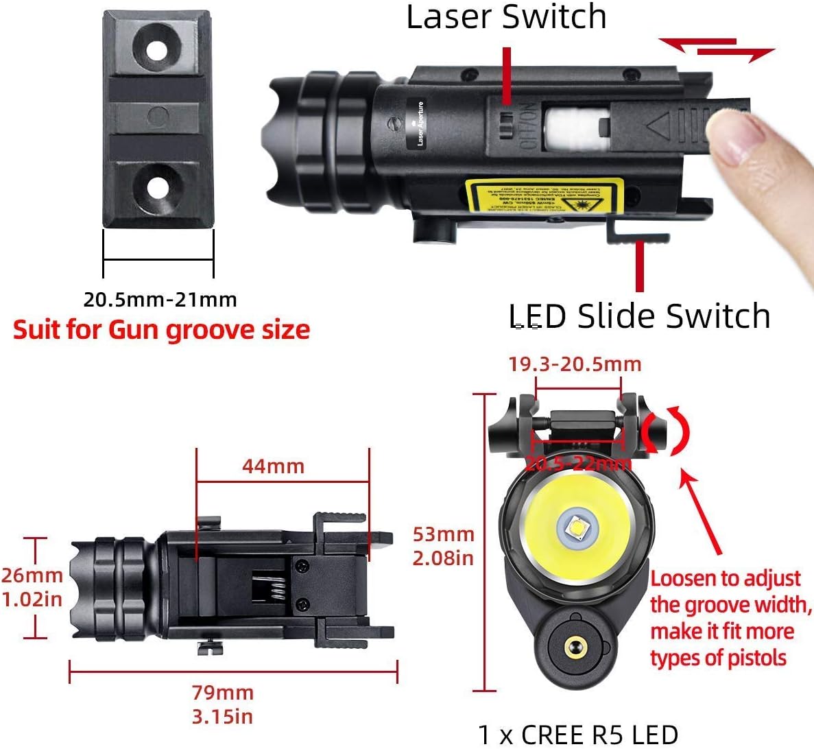 COSMOING Rail Mounted Pistol Red Laser Light Combo (Laser Sight Combo) & 600 Lumen Strobe Pistol Flashlight Rail Mount Gun Flashlight with Quick Release for Pistols Handguns,Gun Light,Pistol,Rifles : Sports & Outdoors