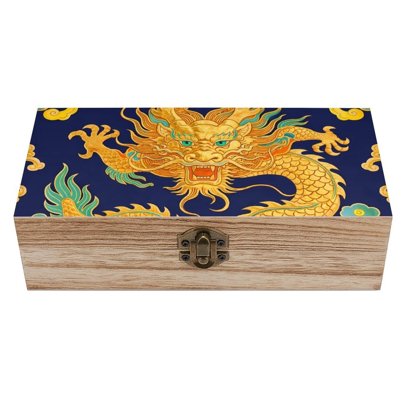 SMAZDFXX Tradition Dragon Design Wooden Storage Box With Hinged Lid Decorative Front Clasp Keepsake Boxes