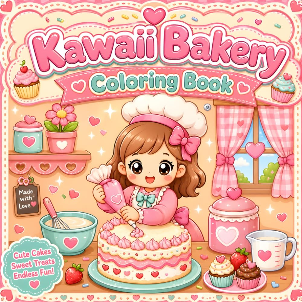 Kawaii Bakery Coloring Book: Cute Cakes, Cupcakes, Donuts, Cookies, Bread and Cozy Bakery Coloring Pages for Kids Ages 4-8