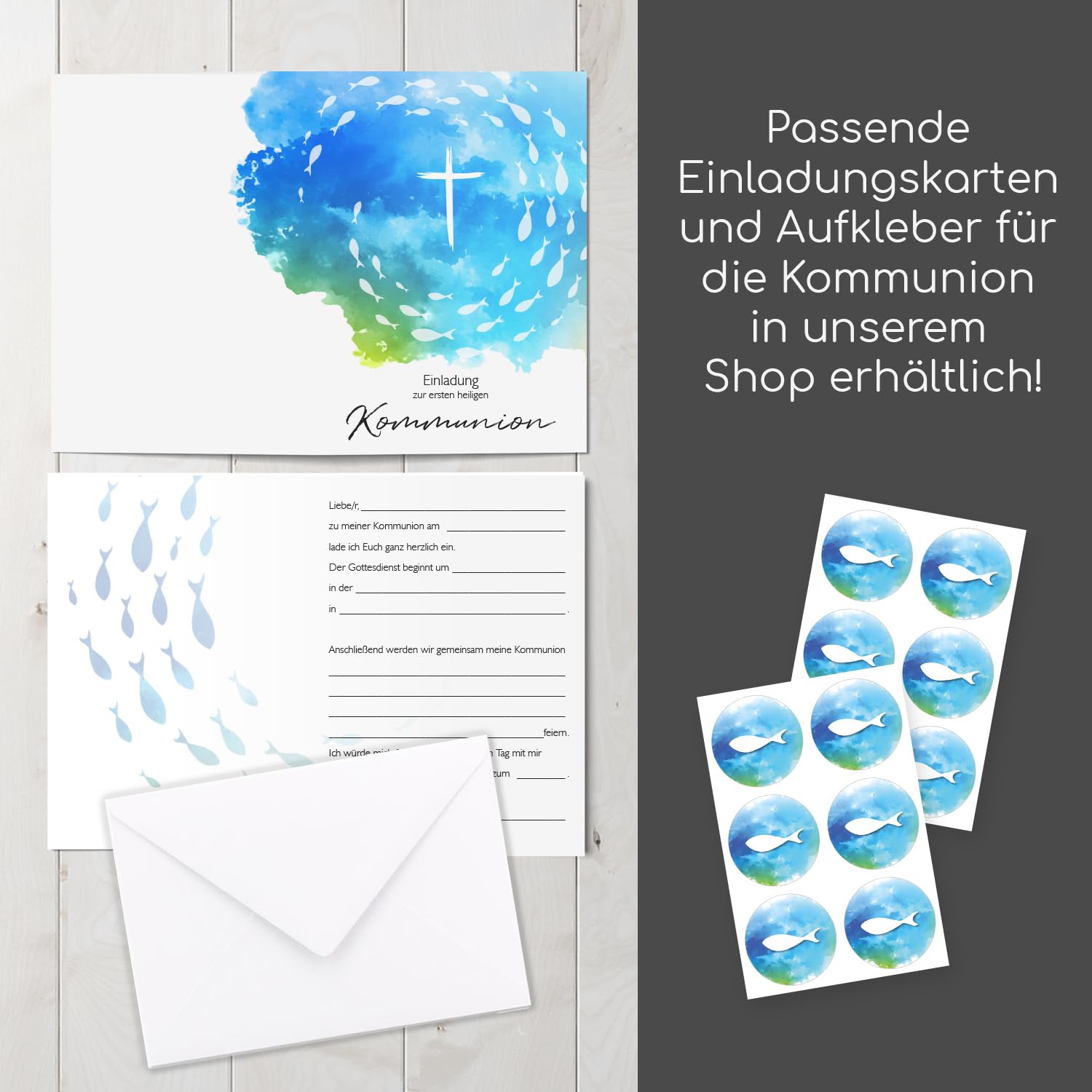 15-delige set bevestigingskaarten - vouwkaarten in DIN A6 met 15 enveloppen en 18 bijpassende stickers - uitnodigingskaart en voor het vormsel