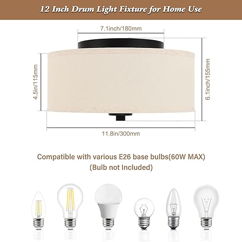 Miniatura 2 de Lámpara de techo empotrada de 2 luces, moderna de 12 pulgadas con pantalla de tambor de tela beige, lámpara colgante redonda para dormitorio,