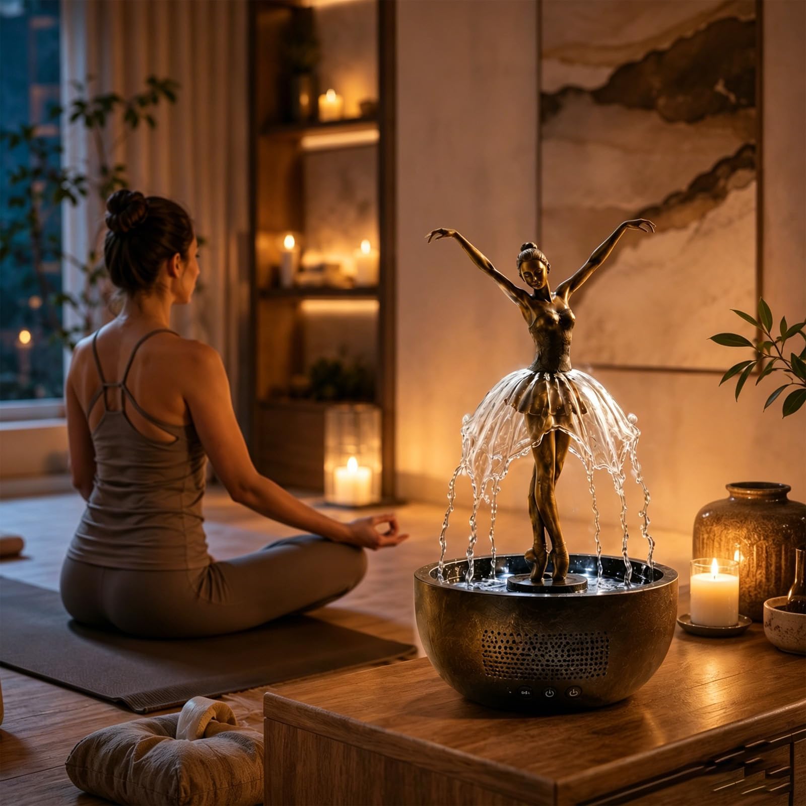 Ballerina Wasserfall Bluetooth-Lautsprecherbrunnen, Kunstvolle Ballerina-Skulptur Bluetooth-Lautsprecher mit fließendem Wasserrock, LED-Licht, entspannende Musik, Entspannungsdekor für Zuhause, Büro