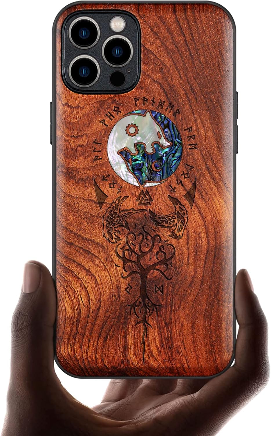 Carveit Designer Wooden Protective Case for iPhone 12 Pro Max Magnetic Cover [Wood Engraving & Shell Inlay] Wood Phone Case Compatible with 12 Pro Max MagSafe 6.7 Inch (Wolf-Walnut)