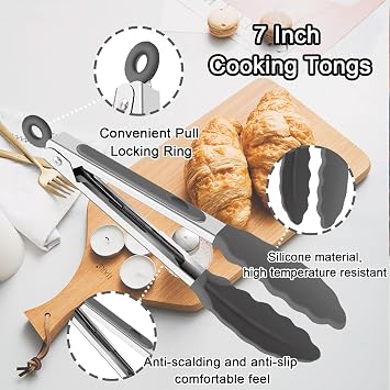6 PCS Silicone Tongs,Cooking Tongs with Silicone Tips,7 Inch Stainless Steel Silicone Kitchen Tongs,Heat Resistant Non-Stick,for Cooking Grilling Salad,BBQ Tongs with Locking