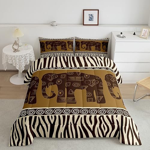Juego de edredón de elefante bohemio, juego de ropa de cama con estampado de cebra, juego de ropa de cama de patrón tribal abstracto abstracto,