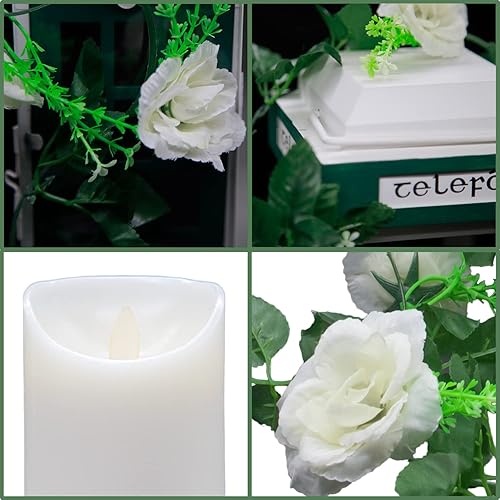 Miniatura 4 de YAKii Farol de vela de metal decorativo con diseño de cabina telefónica con ramos de rosas blancas artificiales, portavelas de metal, decoración al