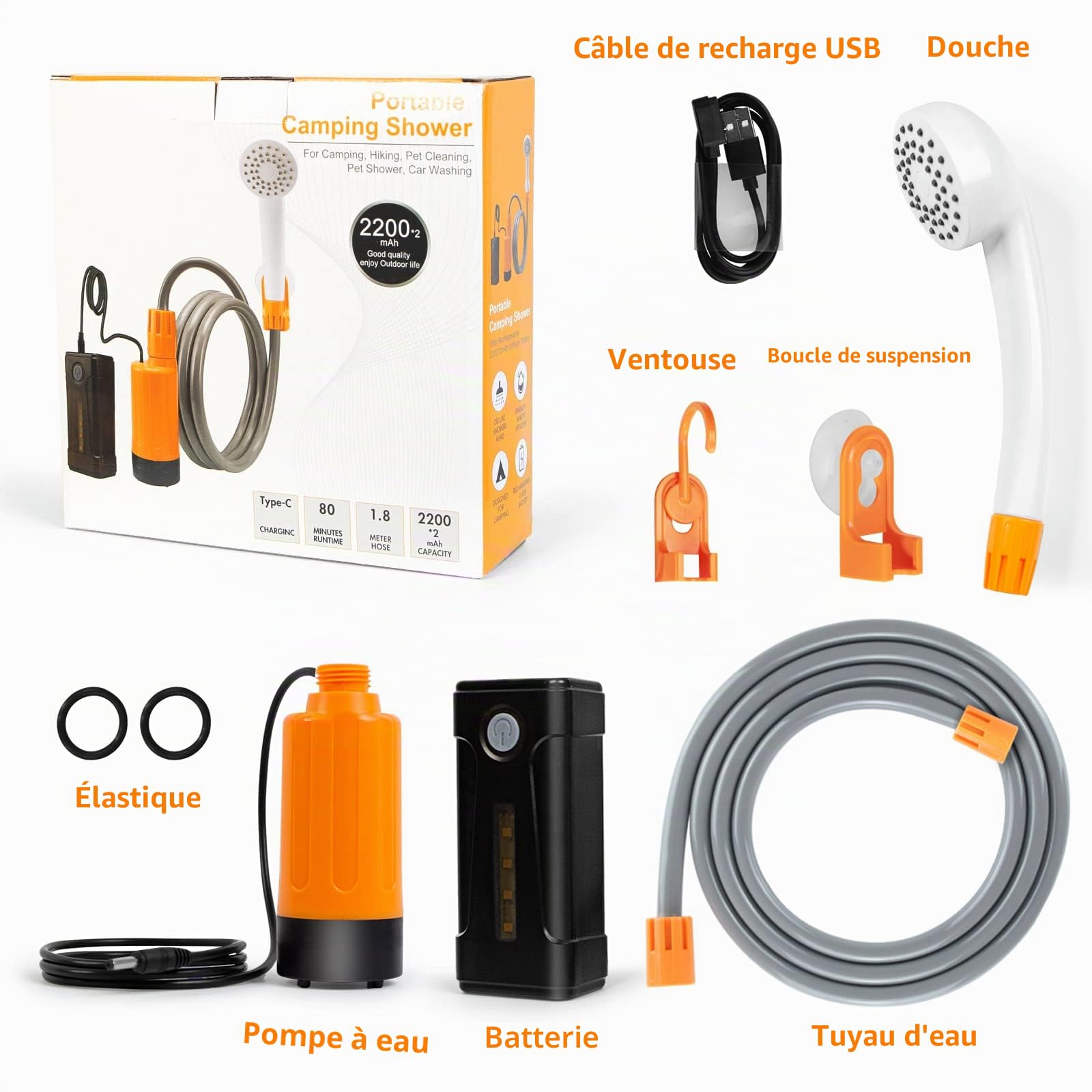 Douche de Camping Portable, lumière LED, Pompe de Douche de Camping, Pompe de Douche Portable, Pompe à Eau de Seau dans Une Pomme de Douche Stable et Douce, pour Le Camping,Voyage,extérieur