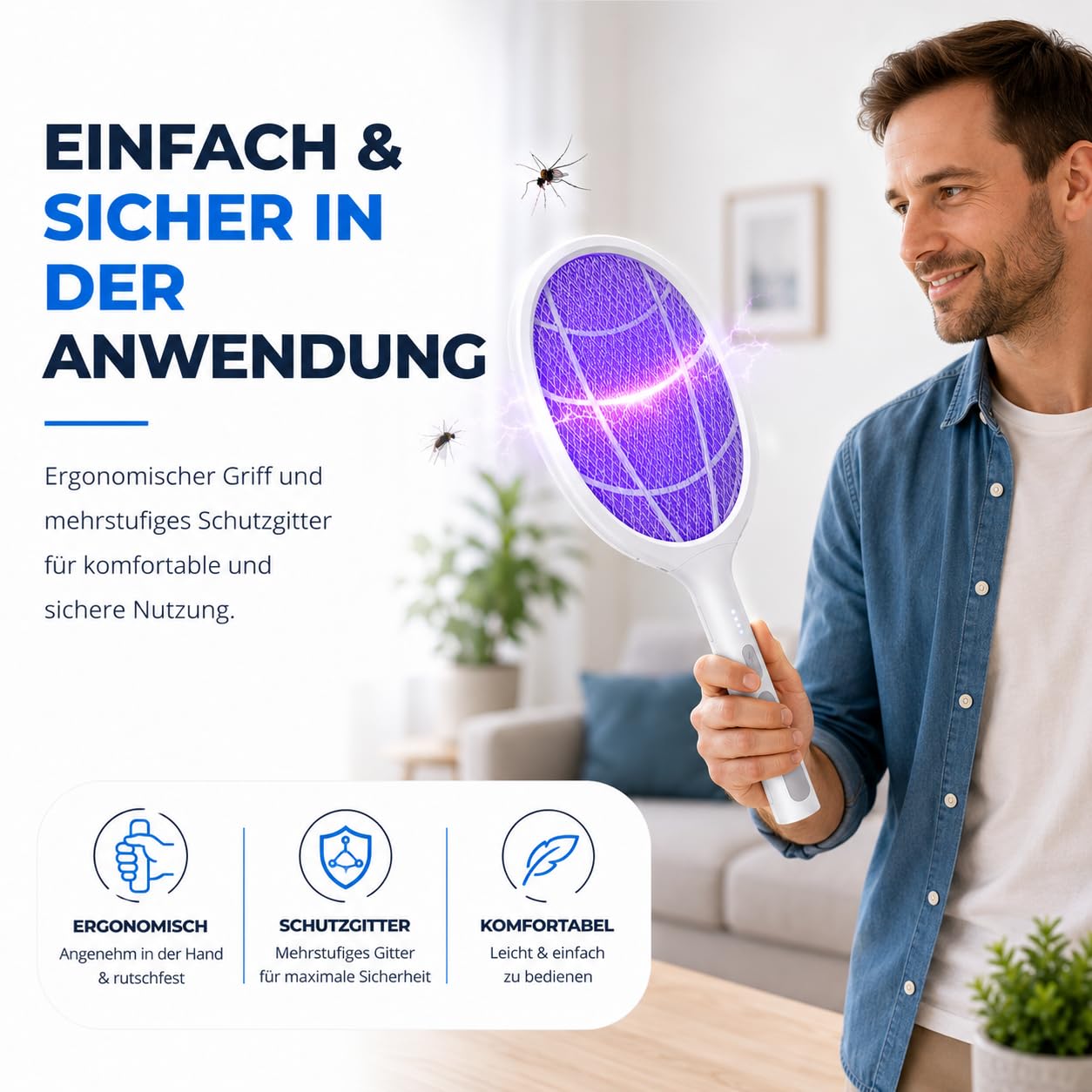 Elektrische Fliegenklatsche – Effektiver Insekten- & Mückenfänger für Fliegen, Mücken, Insekten - mit USB C Ladestecker & Halterung Wiederaufladbar (XXL Fliegenklatsche 45 cm weiß mit Ständer - USB C)
