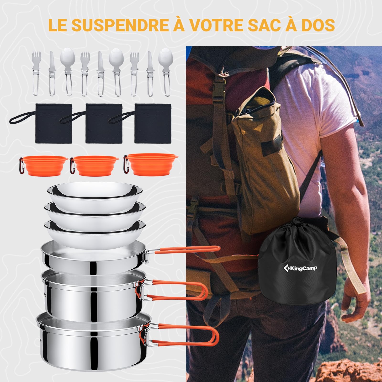 KingCamp Set de Cuisine de Camping, ustensiles de Camping ultralégers en INOX, Vaisselle Pliante pour Le Camping, idéale pour la randonnée, Les Pique-niques et la pêche