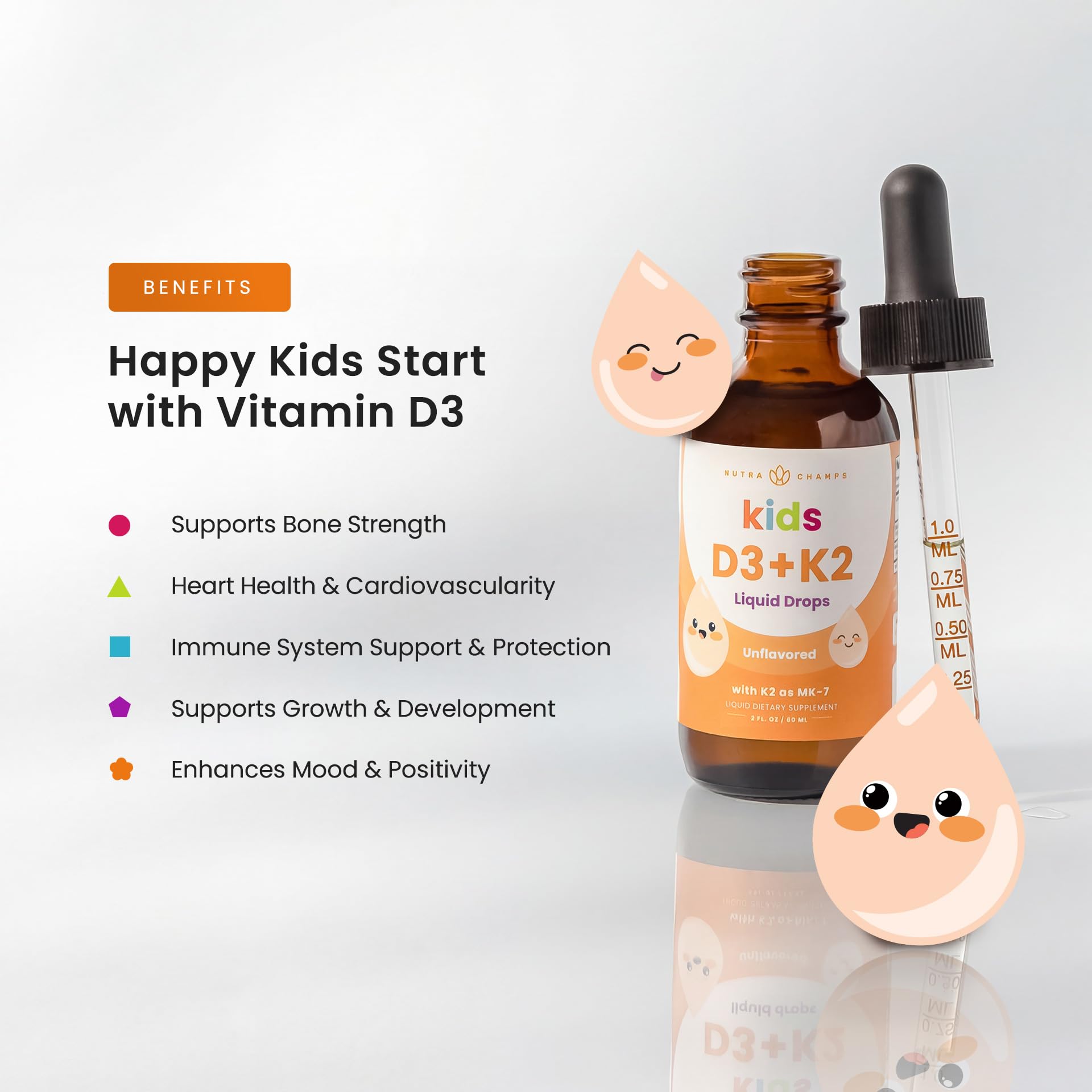 NutraChamps Kids Vitamin D 3 K2 Drops, Vitamin D3 & K2 MK-7, Liquid Vitamin D for Kids 1000 IU, Healthy Bones, Heart & Immune System, Sugar Free Supplement for Toddlers, 300 Servings — Amazon image 2