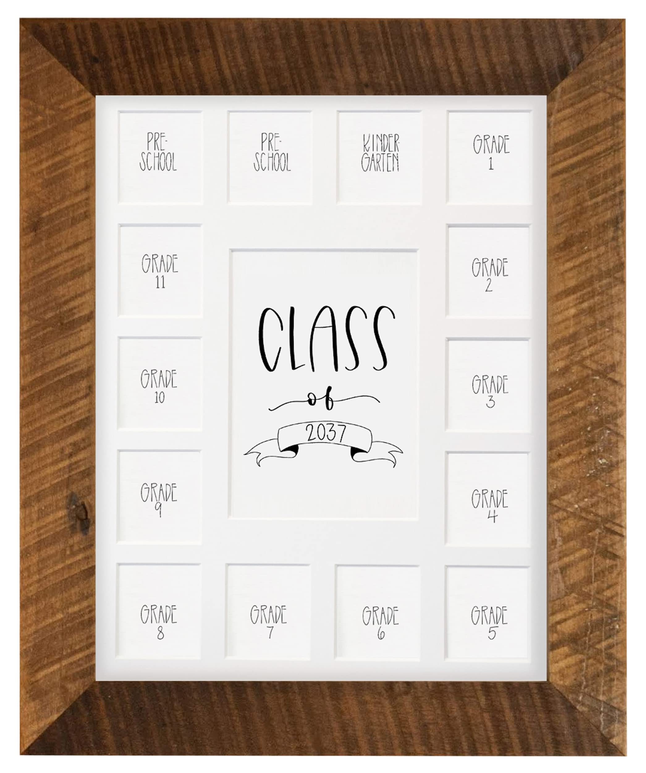 Rustic Red Door Co. School Years Reclaimed Wood Picture Frame with Mat - 11x14 Wooden Framed 15 Photo Collage Mat Pre-School &amp; Kindergarten to 12th Grade (Class of 2037, White)