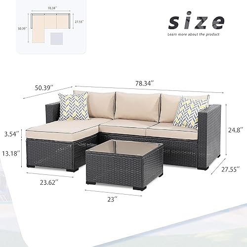 Miniatura 2 de Juego de muebles de patio de 3 piezas, sofá seccional para exteriores con cojines caqui lavables, juego de conversación de mimbre negro al aire