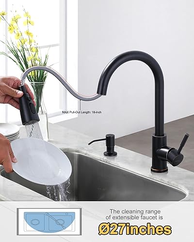 Miniatura 3 de WOWOW - Grifo de cocina de bronce aceitado con dispensador de jabón, grifos de cocina de acero inoxidable para fregadero, grifo de cocina extraíble