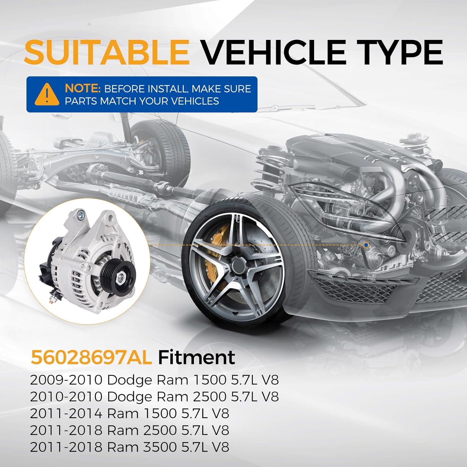 PAROD 56028697AL Alternator 12V 160A Fit for 2009-2010 Dodge Ram 1500, 2010 Ram 2500, 2011-2014 Ram 1500, 2011-2018 Ram 2500, Ram 3500,5.7L V8 CW 6-Groove Clutch Pulley