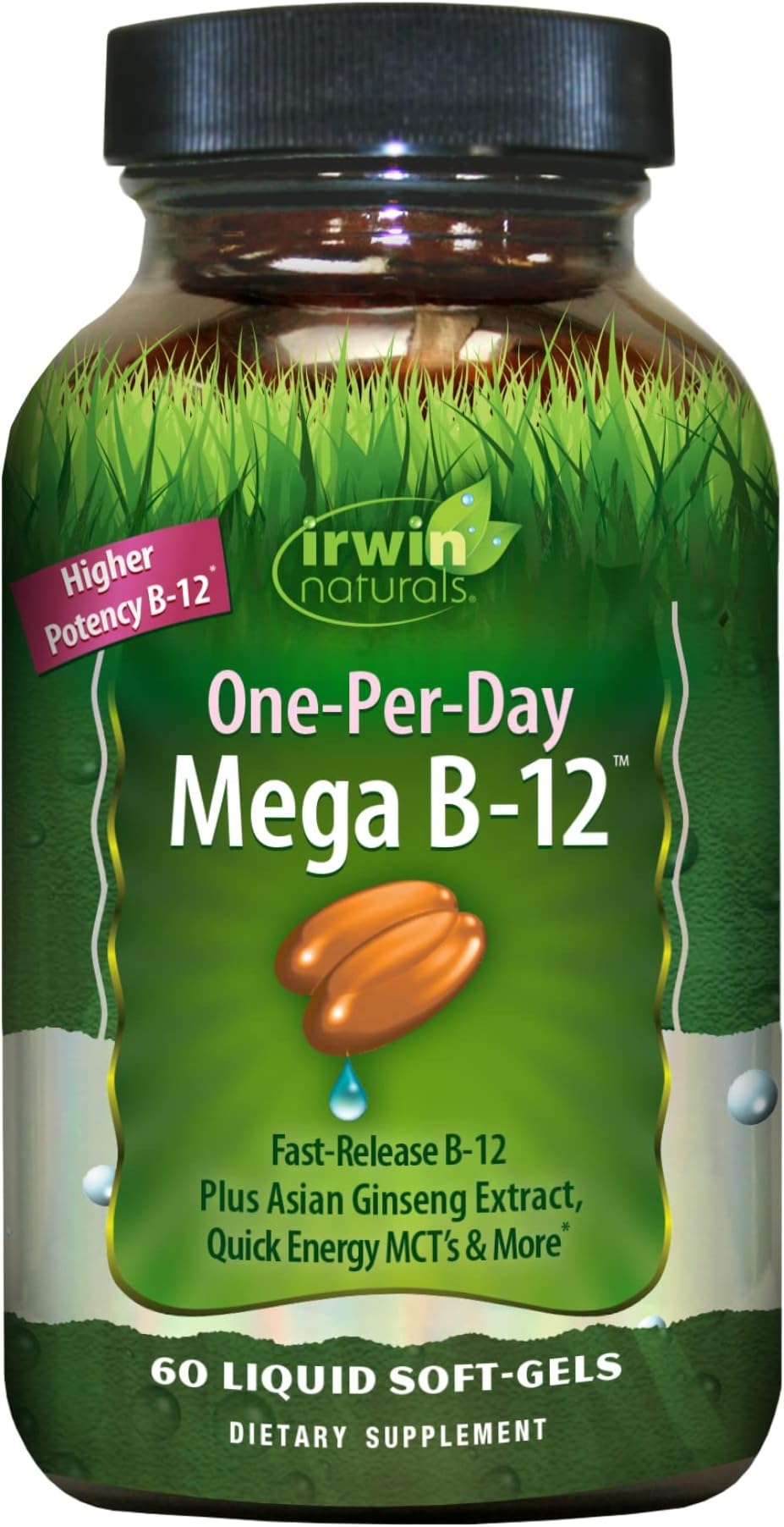 One-Per-Day Mega B-12 1,500mcg High Potency Methylcobalamin Vitamin - Fast Enhanced Absorption with MCT + Asian Ginseng - Natural Energy Boost - 60 Liquid Softgels