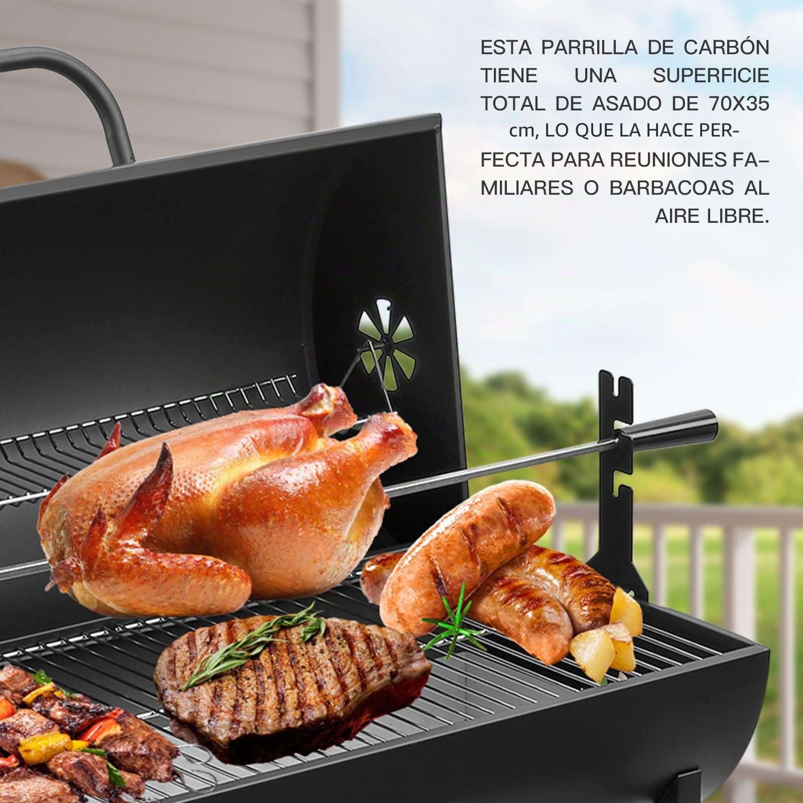TEENO Grill Grillwagen BBQ Smoker Holzkohlegrill mit Deckel, Brathähnchen-Gestell,Rädern, Edelstahl-Griff, Grillrost und Thermometer, Lieferung von Clips und Handschuhen,Standgrill, Kohlegrillwagen