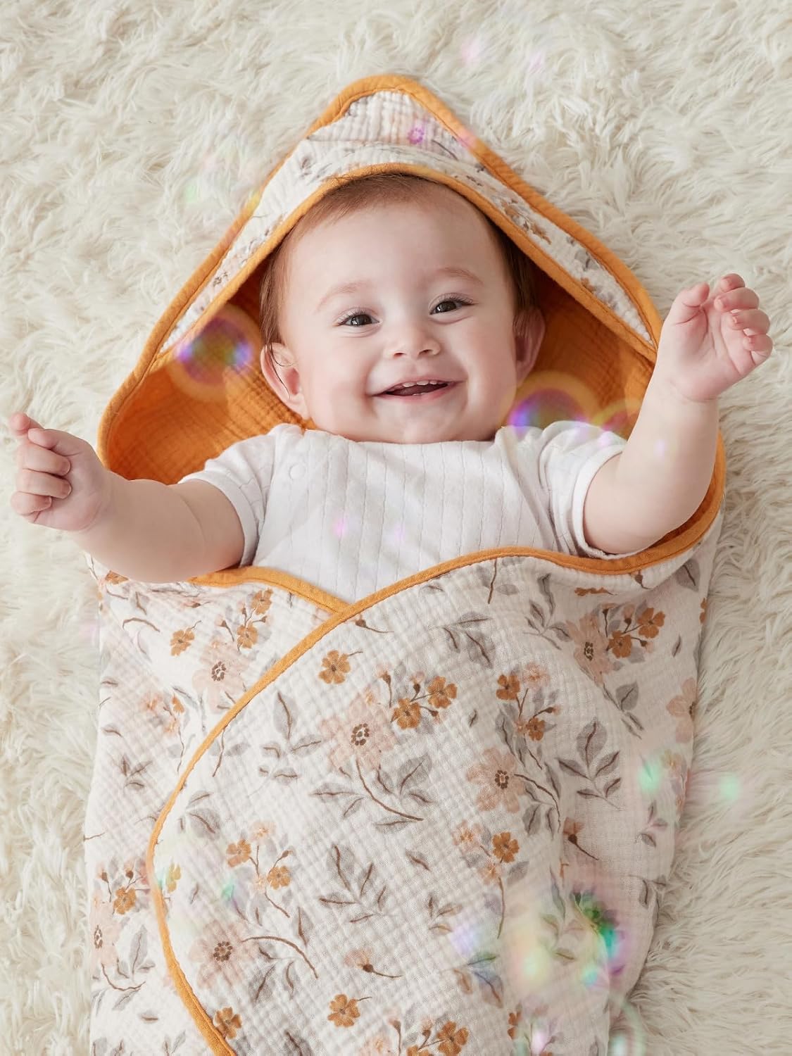 TILLYOU Muslin Hooded Baby Towels for Newborn 2 Pack, 32x32Inch Soft Baby Bath Towel Highly Absorbent for Newborn and Infant, Essential for Newborn Care, Yellow Flower - Image 2