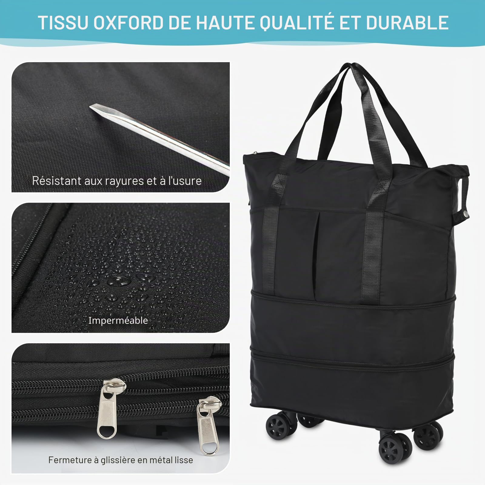 VOOWO Sac de Voyage à roulettes Extensible Pliable avec roulettes pour Voyage Bagage à roulettes Bagage à Main Sac de Voyage Grand Sac de Week-End pour Homme et Femme, Noir, 15.7 x 8.6 x 15.8 inches