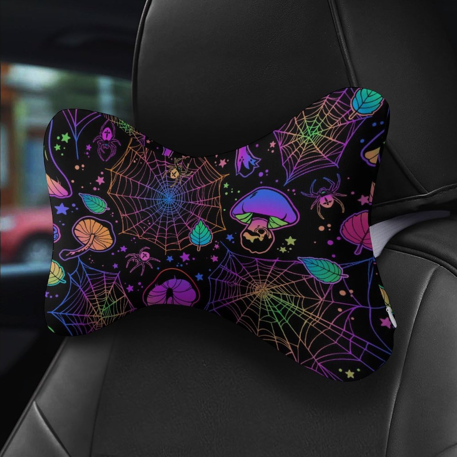 SMAZDFXX Colorful Spider Web Cobwebs Mushroom Halloween Car Neck Pillow Set of 2 Car Seat Head Support Cushion Bone Pillows with Elastic Strap