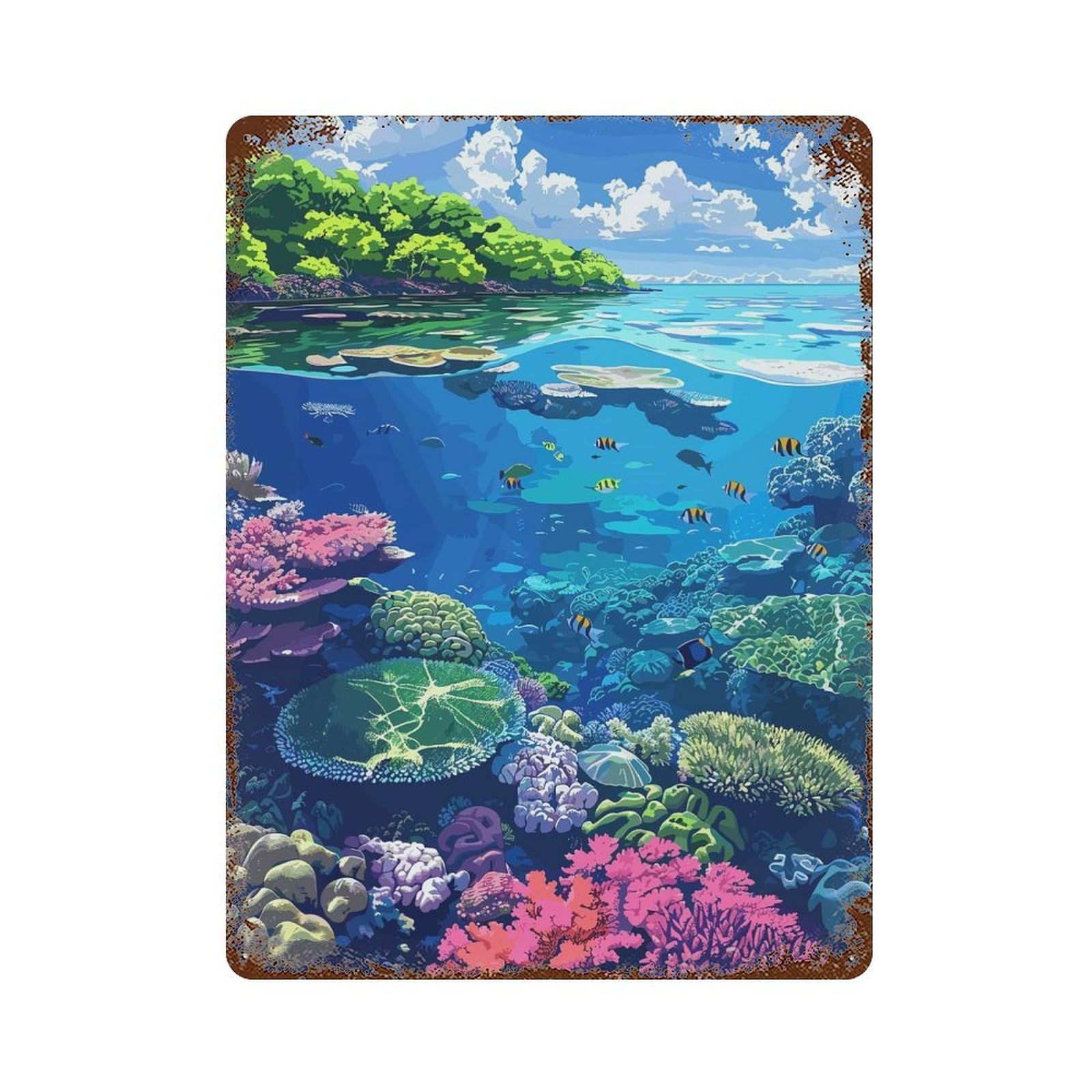 Vibrant Coral Reef Ecosystem Illustration Weathered Tin Sign 15.7"x11.8", Ideal for Shed, Workshop And Garage Wall Decor