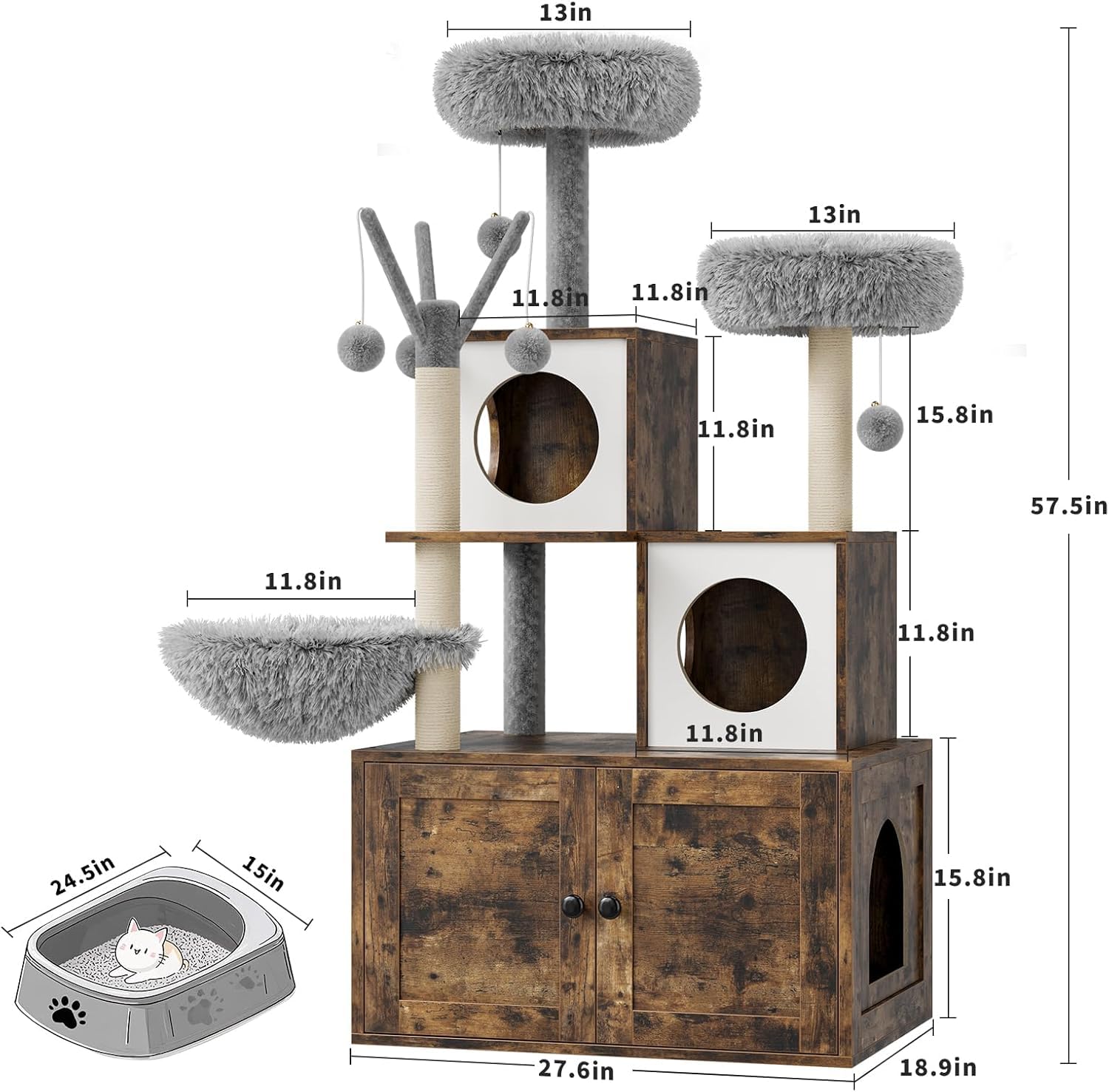 Katzentoilette mit Turm für Katzen, versteckte Toilette für Katzen, mit Sisal-Kratzbaum und Plüschstange, Holzmöbel für Katzen mit mehreren Plattformen, Braun (Braun + Weiß)