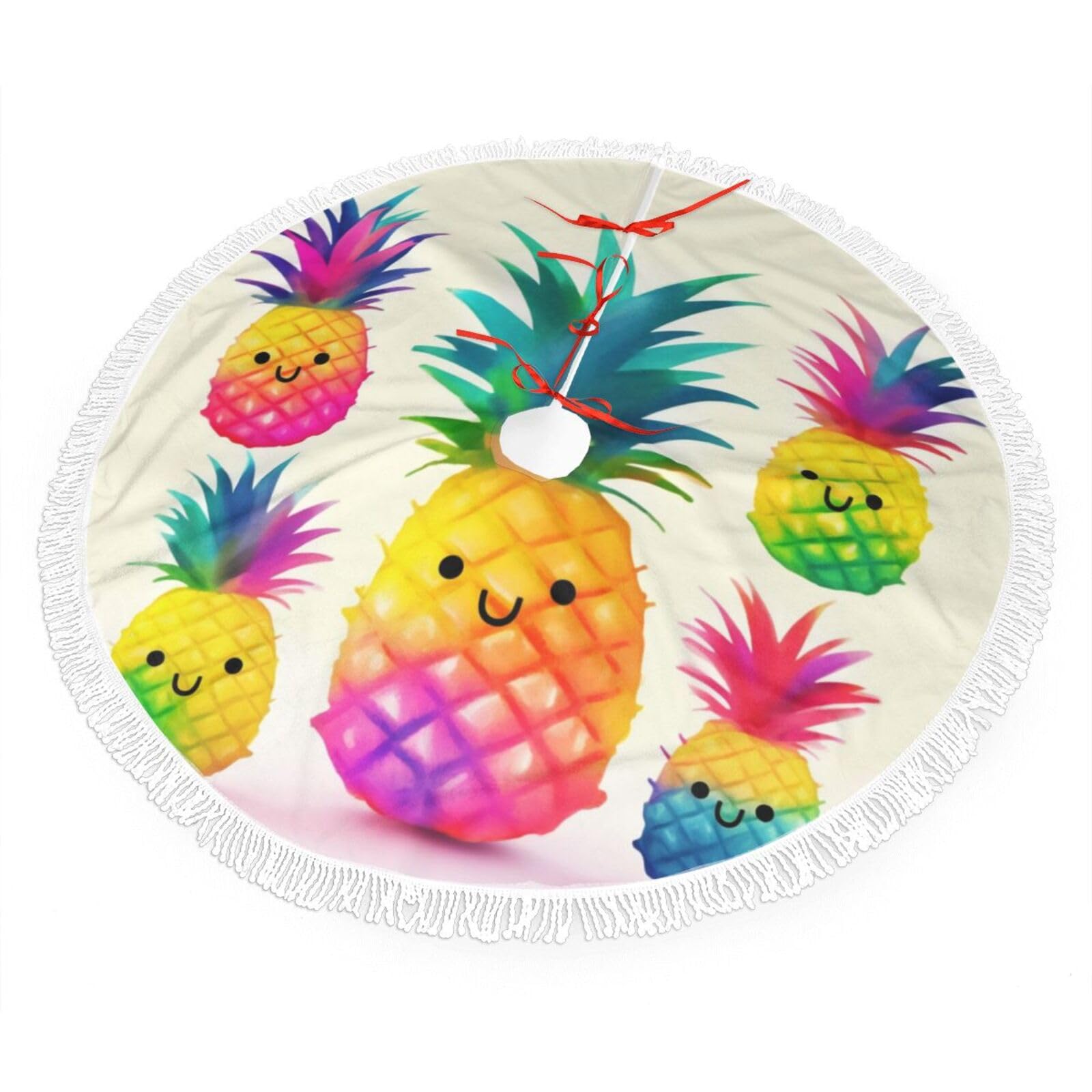 Rainbow Pineapple Cartoon Christmas Tree Skirt 48", Soft Plush Xmas Tree Carpet with Tassel Christmas Ornaments Winter Holiday Tree Mat Decoration for Home Party Supplies