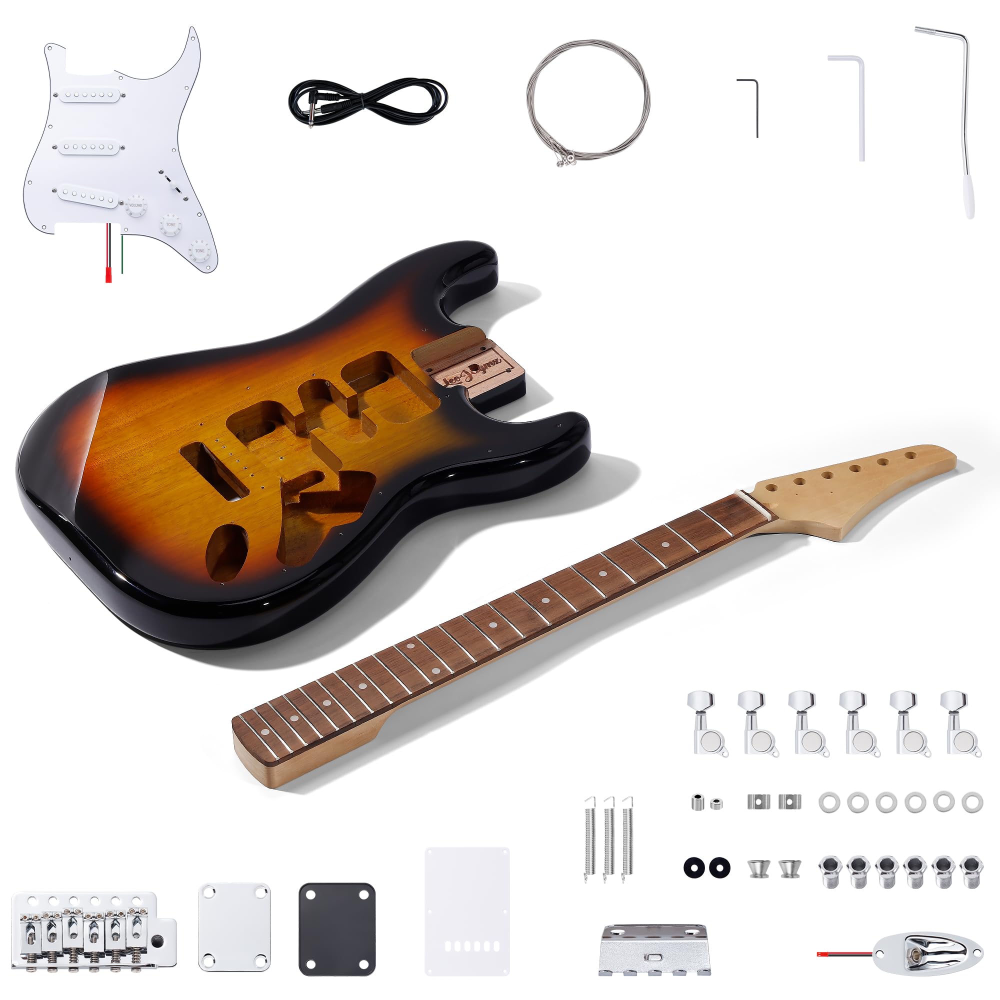 Leo Jaymz DIY ST Style Electric Guitar Kits,Spray-painted Mahogany Body,Laurel Wood Fingerboard and Maple Neck, including all Components (ST-Sunburst New)